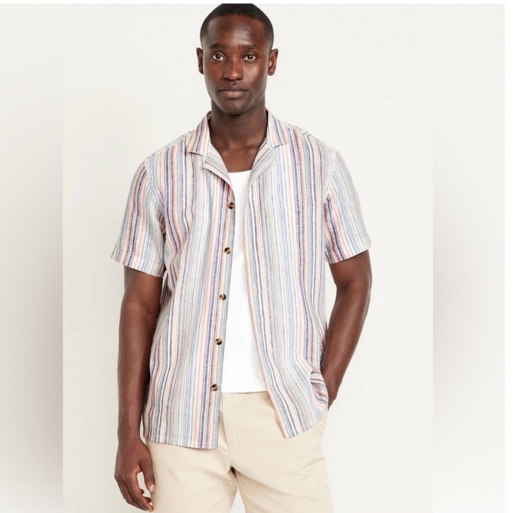 Old Navy Mens XXL Linen Blend Striped Short Sleeve Camp Shirt Button Up Beach